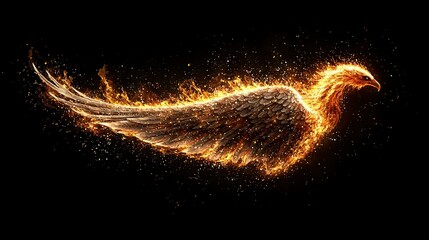   A bird flying in the sky with flames on its back and spread-out wings