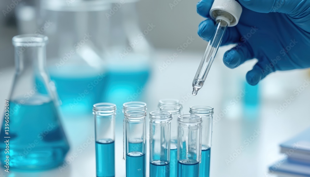 Poster Scientist drops blue liquid from dropper into test tubes. Laboratory experiment with beaker flask. Science tech, biotech, medical, chemistry, healthcare, analysis, research concepts.