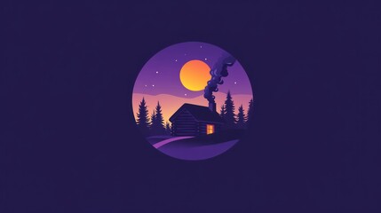 Night Cabin, Moonlit Forest, Smoke, Purple, Peaceful, Winter, Logo, Illustration, Design