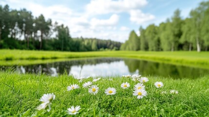 White daisies in full bloom growing in lush green grass by serene pond, scenic landscape with trees and blue sky, and peaceful nature scene.