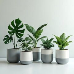 Fototapeta premium Stylish indoor home decor with five potted plants. Collection diverse houseplants, big green leaves in white-grey ceramic pots. Modern home design, foliage, gardening, nature background.