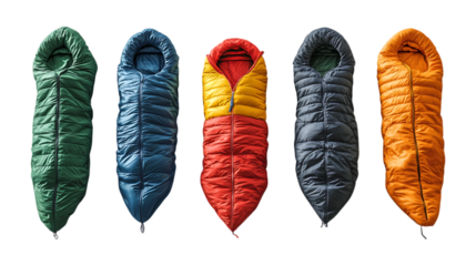 Pack Sleeping Bag Set in Different Poses Against Transparent Background for Camping, Outdoor Gear, or Travel Equipment Design