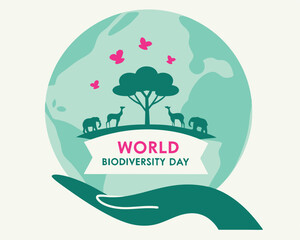 Fototapeta premium World Biodiversity Day: Hand Holding Earth with Animals, Tree, Butterflies.