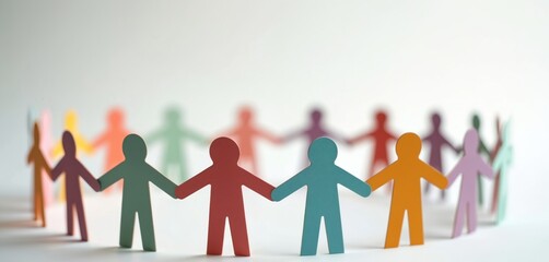 Paper people chain forming circle. Diverse colorful cutout figures holding hands represent unity, community, teamwork. Support, solidarity, inclusion, global connection, international collaboration.