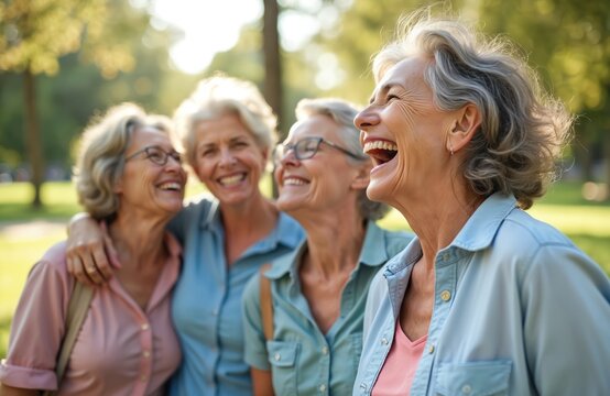 Group senior women laughing funny joke outdoors. Mature ladies group enjoy summer day at park, talking together. Happy elderly people female friendship, retirement, positive emotions.