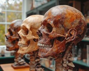 Three human skulls displayed in profile, mounted on anatomical stands, showcasing variations in bone coloration and structure