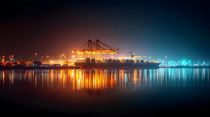 Obraz premium Nighttime Container Port With Crane Reflections