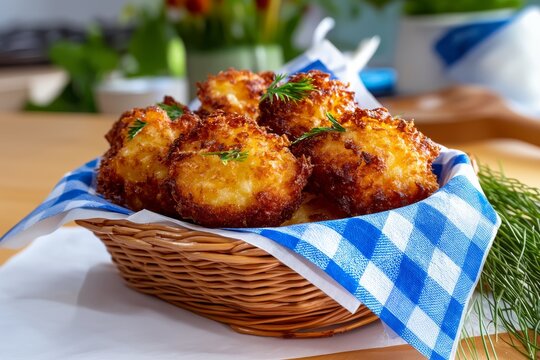 Curds fritos crujientes servidos en una cesta con papel pergamino en una cocina acogedora