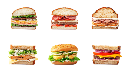 Pack Sandwiches Set in Different Poses Against Transparent Background for Food Branding, Restaurant Menus, or Culinary Design