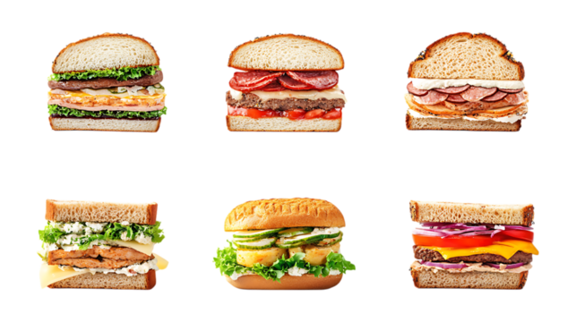 Pack Sandwiches Set in Different Poses Against Transparent Background for Food Branding, Restaurant Menus, or Culinary Design
