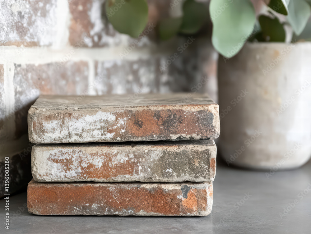Poster textured bricks display: a close-up image showcases a stack of weathered, rectangular bricks, the ro