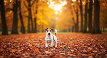 Fototapeta premium Autumn Joy: Jack Russell in Fall Foliage - A cute Jack Russell Terrier enjoys a crisp autumn day, surrounded by vibrant fall leaves. This symbolizes joy, nature, the season of autumn