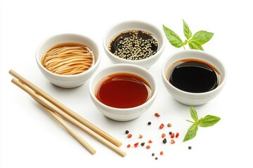 Isolated spicy Asian noodles combo with chopsticks and dipping sauces.