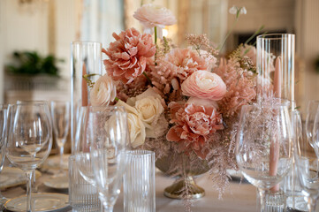 Elegant Blush and Cream Floral Centerpiece with Candle Decor
