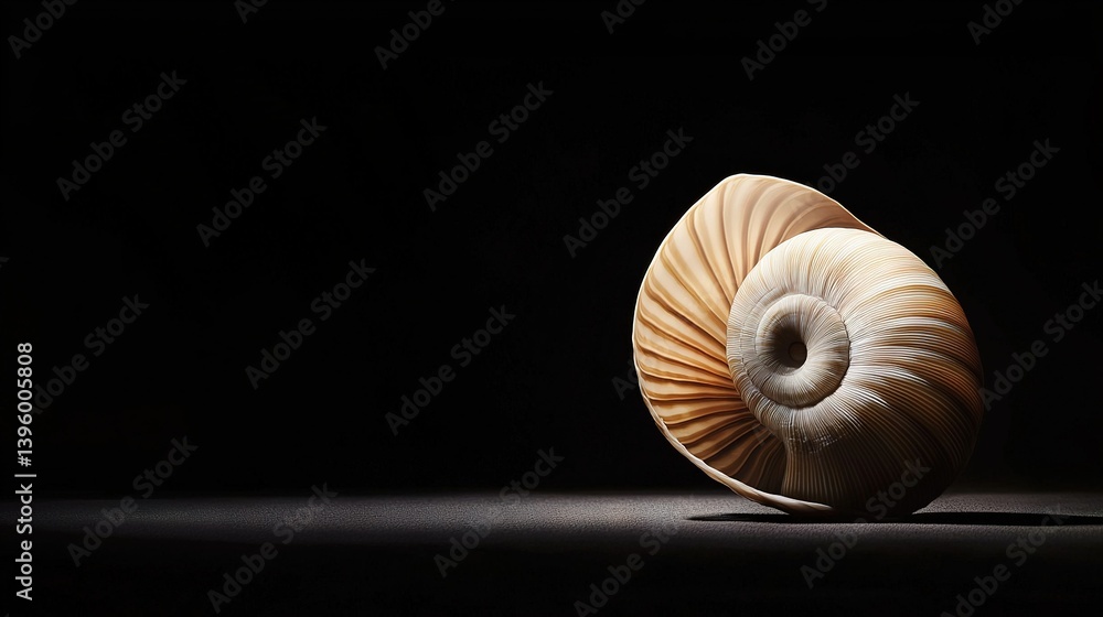 Aufkleber a photo of a black background with a close-up of a seashell illuminated from above light shines from