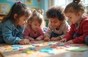 Group preschool kids play alphabet game together on floor. Diverse children learn English with colorful letters. Education, early childhood development, fun playtime, school class, primary learning,