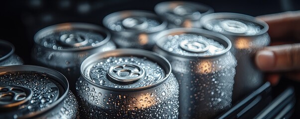 Close-up of chilled soda cans with condensation droplets in a fridge