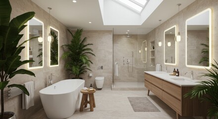 A bright and spacious bathroom featuring a freestanding tub and vanity with illuminated mirrors above it