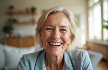 Fototapeta premium Close-up portrait of senior woman smiling. Happy mature blonde lady looking at camera in home interior. Joyful face expression, positive emotion. Senior care, healthy lifestyle, wellness.