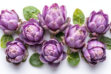 Obraz premium Flat lay of vibrant purple artichokes with green leaves on white background