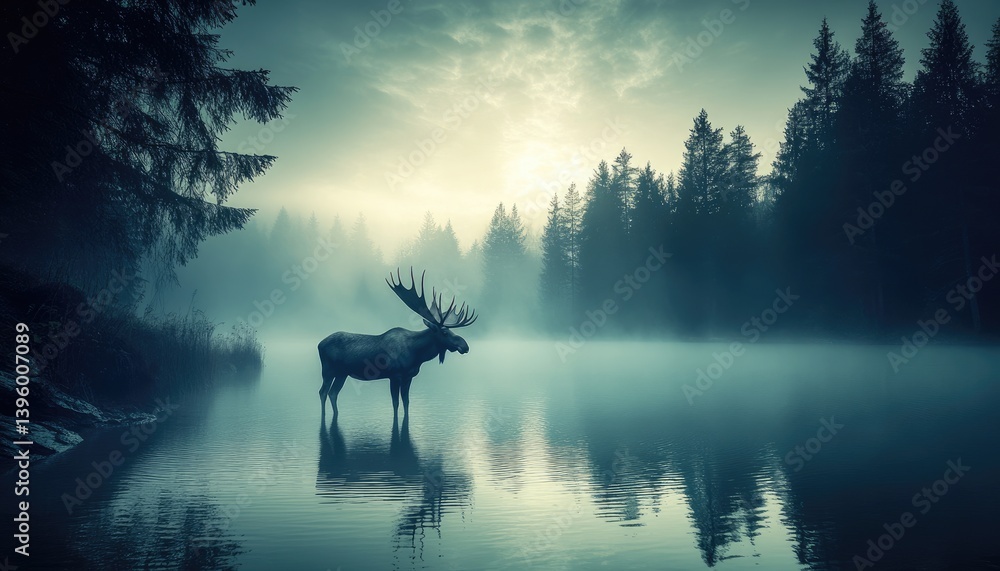 Poster Moose stands in a serene lake enveloped in mist with silhouetted trees under a soft glow creating a peaceful, atmospheric scene.