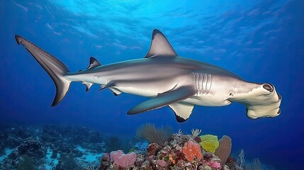 Fototapeta premium Hammerhead shark swimming gracefully over vibrant coral reef in clear blue ocean waters