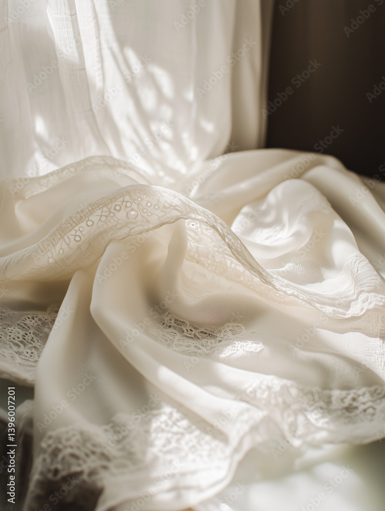 Poster soft white scarf with intricate woven patterns resting on a table by a sunny window in a cozy room