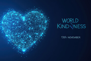 A digital heart made of interconnected dots for world kindness day on a dark blue gradient background