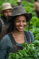 Smiling Woman in a Field Holding Freshly Picked Leafy Greens