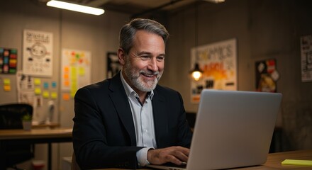 Smiling Mature Man Working on Laptop in Modern Office, Night Time Productivity