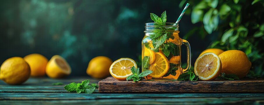 Refreshing lemonade with mint leaves in mason jar surrounded by lemons