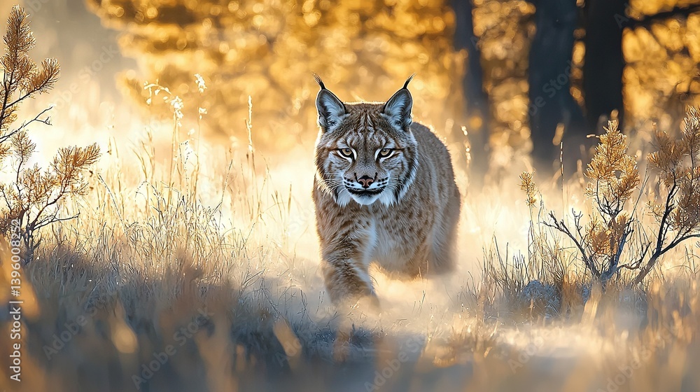 Poster a close-up of a cat in a field of grass, surrounded by trees and bathed in sunlight filtering throug