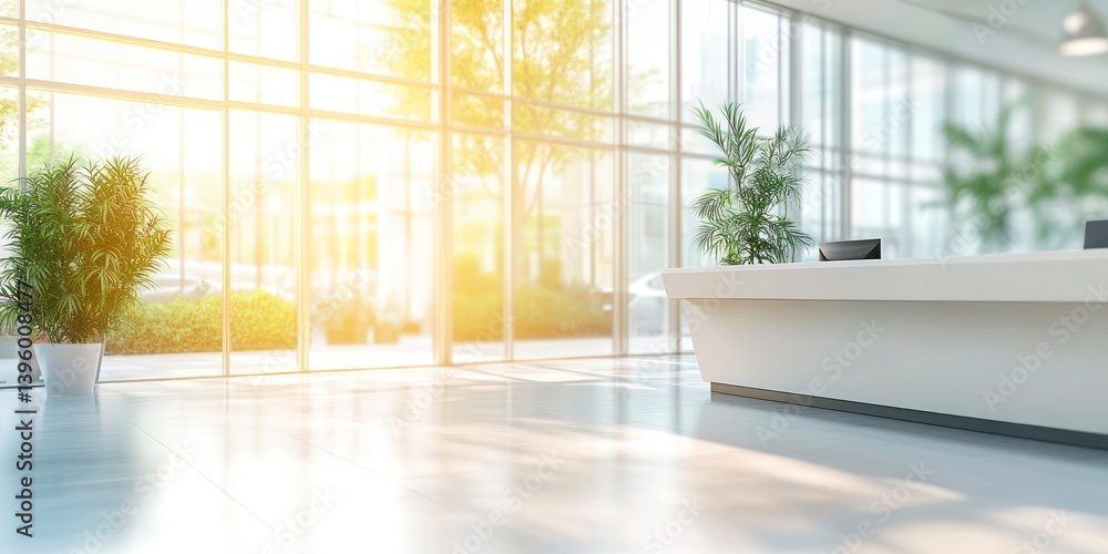 Poster bright lobby interior with reception desk and large window view
