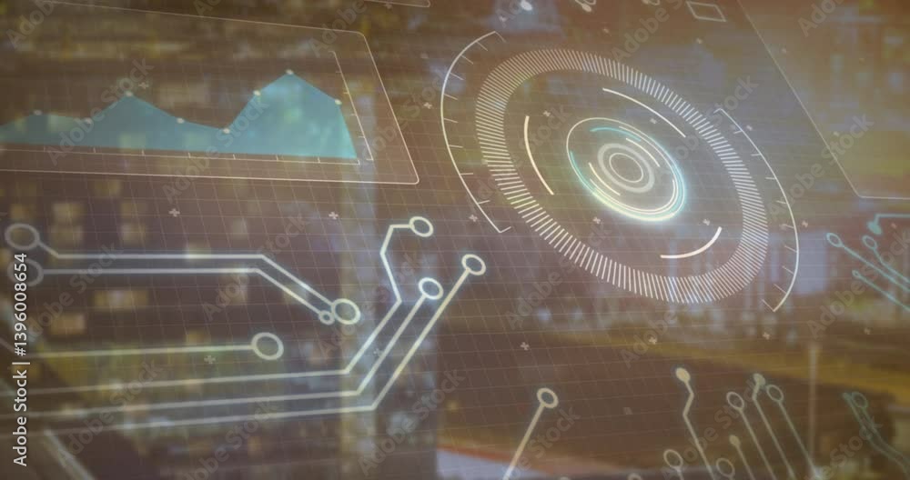Poster animation of circuit patterns and data visualization on digital interface background