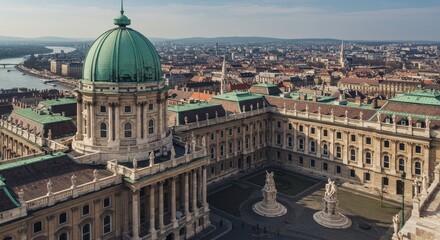 Naklejka premium Buda Castle Aerial View - Stunning aerial view of Buda Castle in Budapest, showcasing its architecture and surrounding cityscape
