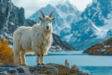 Fototapeta premium Majestic Wild Mountain Goat Standing on Rocky Terrain in Alpine Landscape