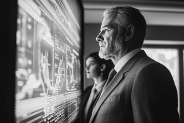 A businessman and businesswoman contemplate data displayed on a large screen, analyzing charts and graphs for strategic decision-making.