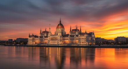 Obraz premium Budapest Parliament Building Sunset Reflection - Majestic Hungarian Parliament building illuminated at sunset, reflecting on the Danube River. Symbolizing history, architecture, beauty, nationhood