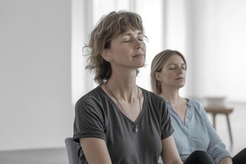 Two women sitting, eyes closed, practicing mindfulness and meditation for inner peace.