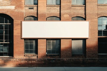 red/brown brick building, on the building is a long rectangular blank sign mockup