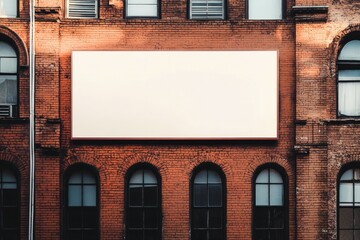 red/brown brick building, on the building is a long rectangular blank sign mockup