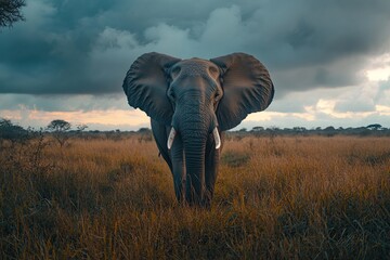 Fototapeta premium Majestic elephant standing in golden grassland under a dramatic sky at dusk