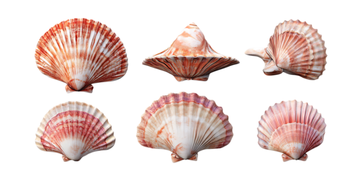 Pack Scallops Set in Different Poses Against Transparent Background for Seafood Branding, Gourmet Cuisine, or Restaurant Design