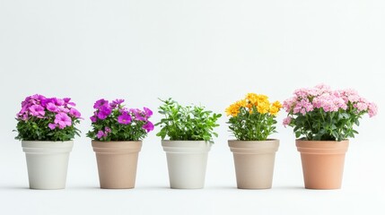 Beautiful fresh flower plants in simple pots With a clean white background. 