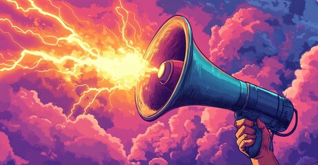 Dynamic Illustration of a Megaphone Emitting Lightning against Colorful Sky