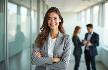 Young business woman smiles confident with arms crossed. Attractive female in formal grey suit stands in modern office environment. Successful career concept. Colleagues communicate at background.