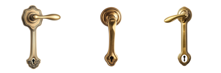 Set of Close-up shot of an elegant gold door knocker with intricate patterns against a clean on transparent png background. Ai generated
