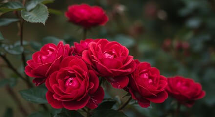Obraz premium Close Up of Lush Red Roses in Bloom - Five vibrant red roses, symbols of love, passion, beauty, romance, and devotion, close up view in a soft focus garden setting