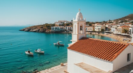 Coastal Church and Tranquil Bay - Picturesque whitewashed church overlooking a serene bay with traditional boats, clear turquoise water, and charming village houses