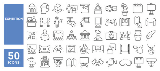 Set of 50 line icons related to exhibition, artwork, gallery, virtual, show, presentation, exhibit, exposition, Editable stroke. Vector illustration